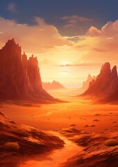 Naklejka premium Orange desert surrounded by large mountains, mountains wallpaper. Generative Ai.