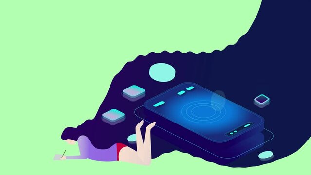 2d vector animation. The girl lies and draws her dreams.