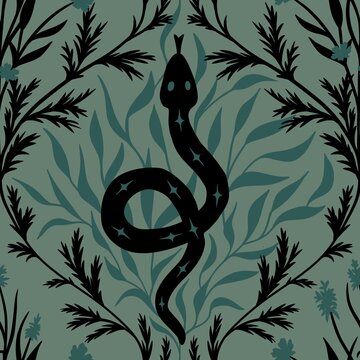 Hand drawn seamless pattern of black snake on sage green background with forest leaves. Witch witchcraft mystic occult boho design, teal grey esoteric gothic halloween print serpent art.