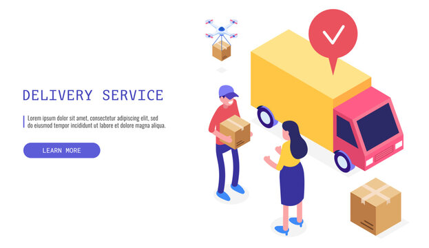 Delivery service concept. A postman hands over a box to a satisfied female client with a delivery van in the background. Isometric vector web banner.