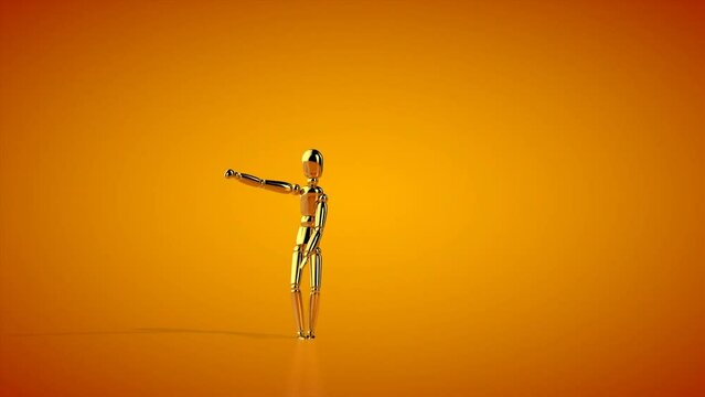Funny golden mannequin hip hop dancing, seamless loop, orange studio