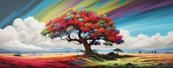 Old colorful tree wallpaper panorama in nature. Generative Ai.