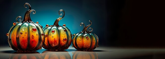 Adorable cute, scary pumpkin glass figures on a dark background. Glass pumpkin to celebrate harvest, Halloween, thanksgiving. Greeting card.