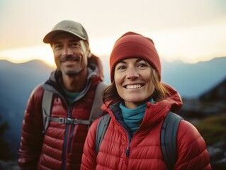 An active middle-aged couple hiking in the mountains wearing beanies, puffer jackets, and backpacks at dawn, smiling. Mountains are in the background and the sun is rising in the horizon.