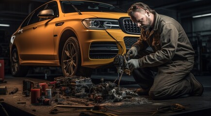 Fototapeta na wymiar auto mechanic is fixing car in the garage, car engine in the garage, car in service