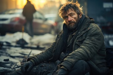 Fototapeta premium homeless man sleeping on the street - AI Generated
