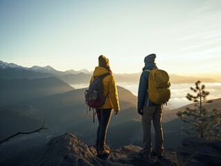 A young couple of hikers, wearing down jackets, beanies and backpacks look out over the valley at dawn. 