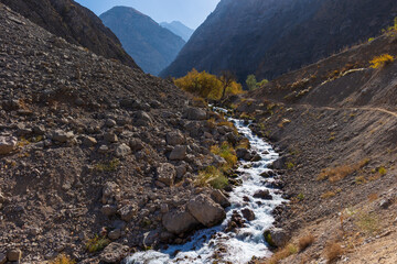 Beautiful autumn mountain landscape. Mountainous region of Uzbekistan. Tourist trail. A pure mountain river flows in a mountain valley.