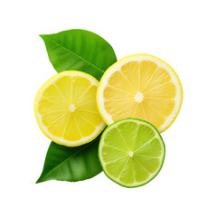 lime and lemon with leaves isolated on a transparent background, created with Generative AI