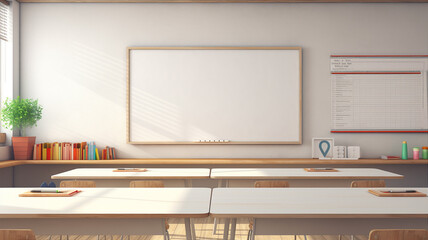Empty modern classroom with white Interactive board. Generative AI