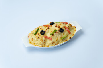 cheese pasta in white beautiful tray white background