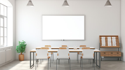 Empty modern classroom with white Interactive board. Generative AI