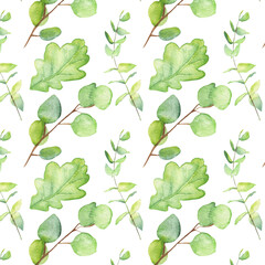 Seamless pattern green leaves trees and branches, foliage of natural branches, green leaves, herbs, tropical plants hand drawn watercolor on white background.