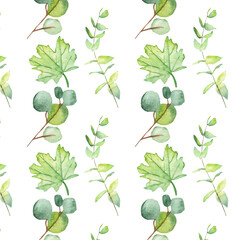 Seamless pattern green leaves trees and branches, foliage of natural branches, green leaves, herbs, tropical plants hand drawn watercolor on white background.