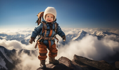 Fototapeta premium Happy baby as a high-altitude climber in Himalayas