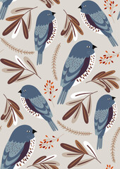 Naklejka premium Seamless pattern with bullfinches in vintage style. Beautiful autumn pattern with a bird.
