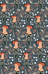 Seamless pattern with hoopoe and red berries. Beautiful autumn wallpaper with a bird.