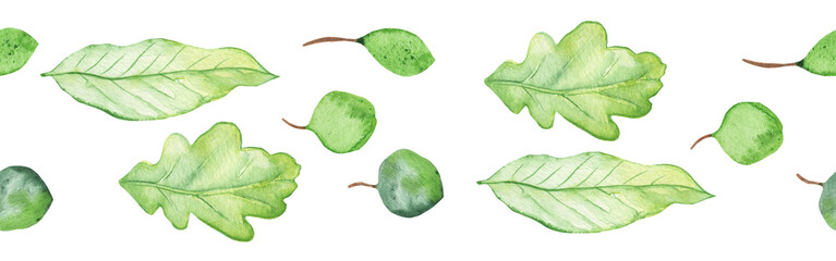 Obraz premium Seamless border green leaves trees and branches, foliage of natural branches, green leaves, herbs, tropical plants hand drawn watercolor on white background.