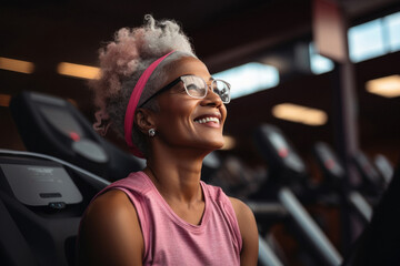 Woman working out on treadmill, looking at right, selective focus. She is smilling. Modern Gym in background. Fictional person. Generated Ai