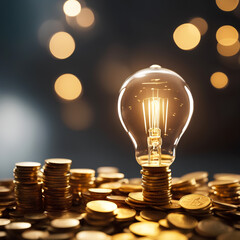 Realistic photo of light bulb on piles of golden coin