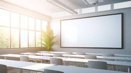 Empty modern classroom with white Interactive board. Generative AI