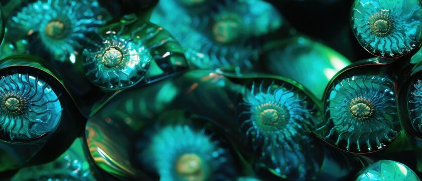 seamless texture of translucent glass ammonite fossil shells in light green and blue color, abstract macro closeup pattern - generative ai