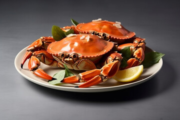 isolated Crab in a white plate with lemon and curry leaves, cooked red mud crab legs seafood