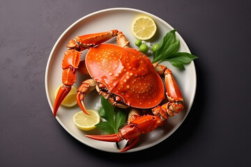 isolated Crab in a white plate with lemon and curry leaves, cooked red mud crab legs seafood