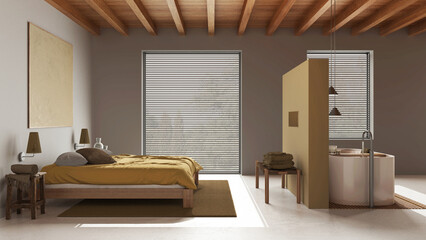 Spa, hotel suite. Bedroom and bathroom in white and yellow tones. Wooden ceiling, double bed and freestanding bathtub. Resin floor, japandi interior design