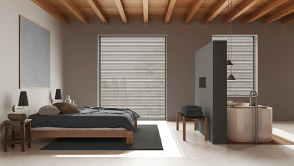 Spa, hotel suite. Bedroom and bathroom in white and gray tones. Wooden ceiling, double bed and freestanding bathtub. Resin floor, japandi interior design