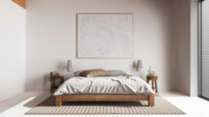 Fototapeta na wymiar Blurred background, minimalist wooden bedroom. Resin floor, double bed with duvet and pillows, side tables and decors. Japandi interior design