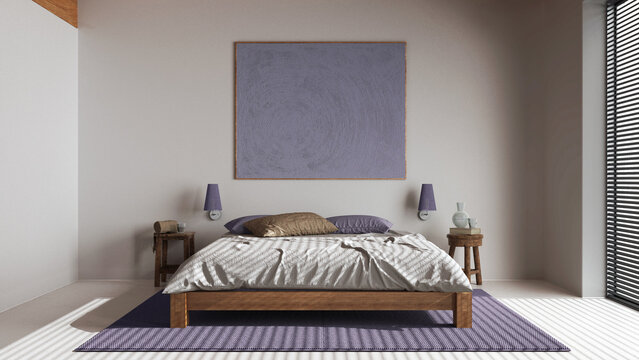 Minimalist wooden bedroom in white and purple tones. Resin floor, double bed with duvet and pillows, side tables and decors. Japandi interior design