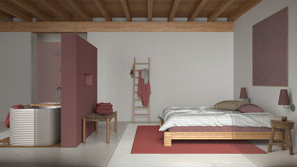 Contemporary wooden bedroom with bathtub in white and red tones. Double bed, freestanding bathtub and resin floor. Beams ceiling, japandi interior design