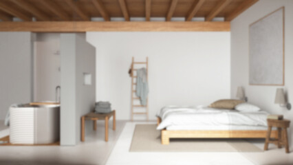 Blurred background, contemporary wooden bedroom with bathtub. Double bed, freestanding bathtub and resin floor. Beams ceiling, japandi interior design