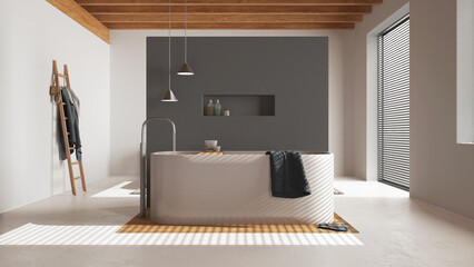 Minimalist wooden bathroom in white and gray tones. Resin floor, freestanding bathtub with towels and decors. Japandi interior design