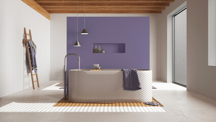 Minimalist wooden bathroom in white and purple tones. Resin floor, freestanding bathtub with towels and decors. Japandi interior design