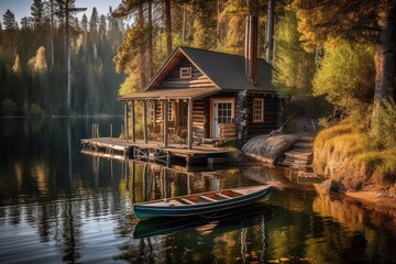 Fototapeta premium Cottage on the lake. Lush green nature. Relaxation and vacation concept. 