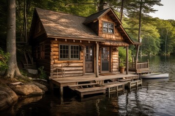 Obraz premium Cottage on the lake. Lush green nature. Relaxation and vacation concept. 