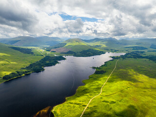 Loch Tulla and Beinn Dorain from a drone, Glen Coe, Highlands, Scotland, UK