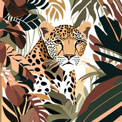 Leopard and tropical leaves. Hand drawn vector illustration for your design