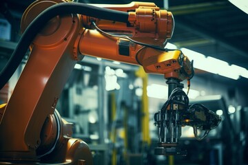 Precise robotic manipulator machine welding hand at factory's assembly line manufacturing process. Innovative advanced technologies robot arm helping people increase production factory effectiveness