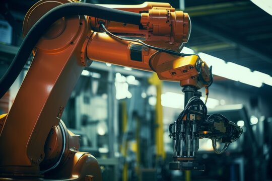 Precise robotic manipulator machine welding hand at factory's assembly line manufacturing process. Innovative advanced technologies robot arm helping people increase production factory effectiveness
