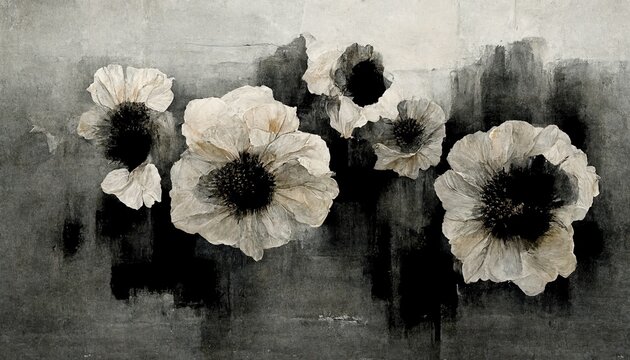 Generative AI, Black watercolor abstract painted flowers on vintage background. Ink black street graffiti art on a textured paper, washes and brush strokes..