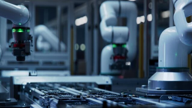 Close-up of Conveyor with High Precision Robot Arms at Electronics Manufacturing Factory. Automated PCB Assembly Line. Component Installation on Circuit Board. Semiconductor Production Industry