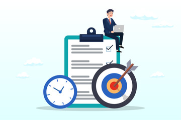 Productive businessman working with computer laptop on checklist and alarm clock, productivity, project management or efficiency to finish work and reach business goal, time management (Vector)