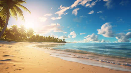 Fototapeta na wymiar Beautiful paradise beach with golden sand and palm leaves. Generative AI