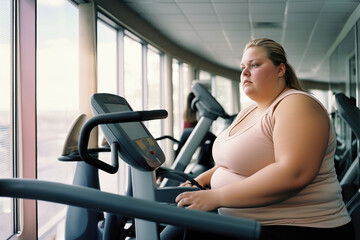 Lifestyle shot of a young white Caucasian overweight woman using an physical exercise machine at the gym indoors, trying to lose a few pounds of weight - Generative AI - obrazy, fototapety, plakaty