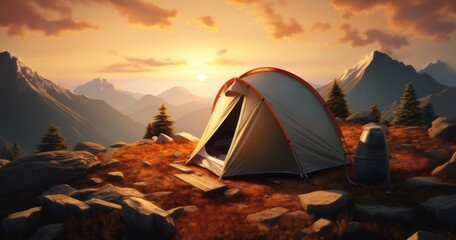Serene Sunset Camping Experience: Tent Set Up on Majestic Mountain Peaks, Generative AI
