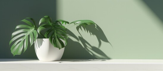Green and White Pot with Lush Plants Against a Vibrant Green Wall, Copy Space, Generative AI
