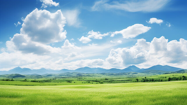 Nature landscape with green meadows, blue sky with clouds and mountains in the background. Generative AI